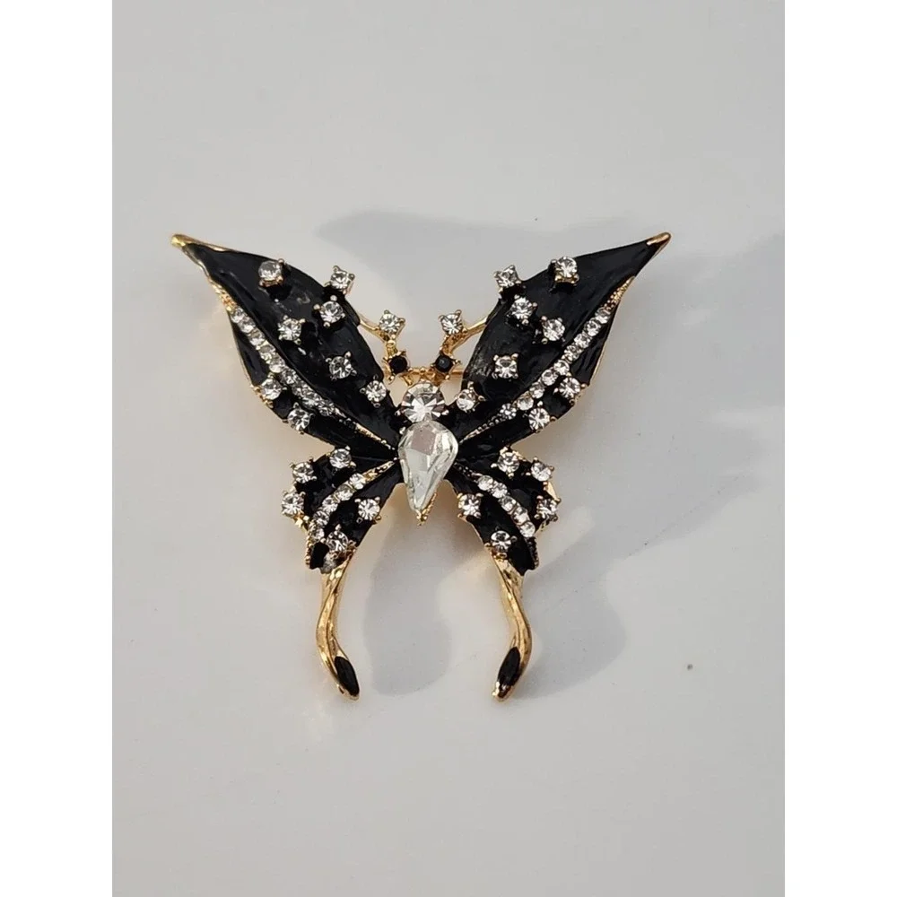 Vintage gold tone black enamel rhinestone BUTTERFLY insect brooch pin